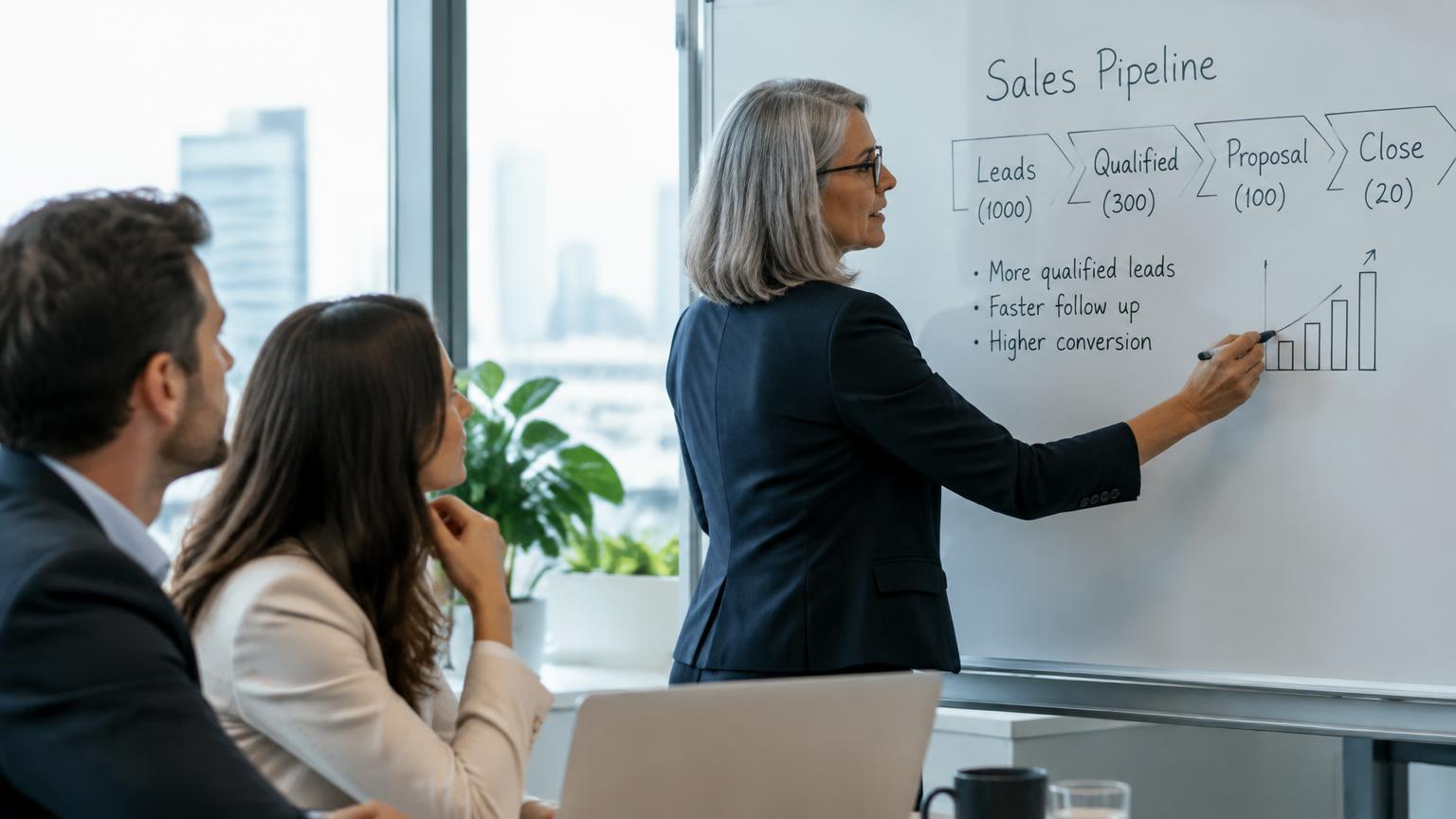 Beraterin erklärt eine Vertriebspipeline am Whiteboard
